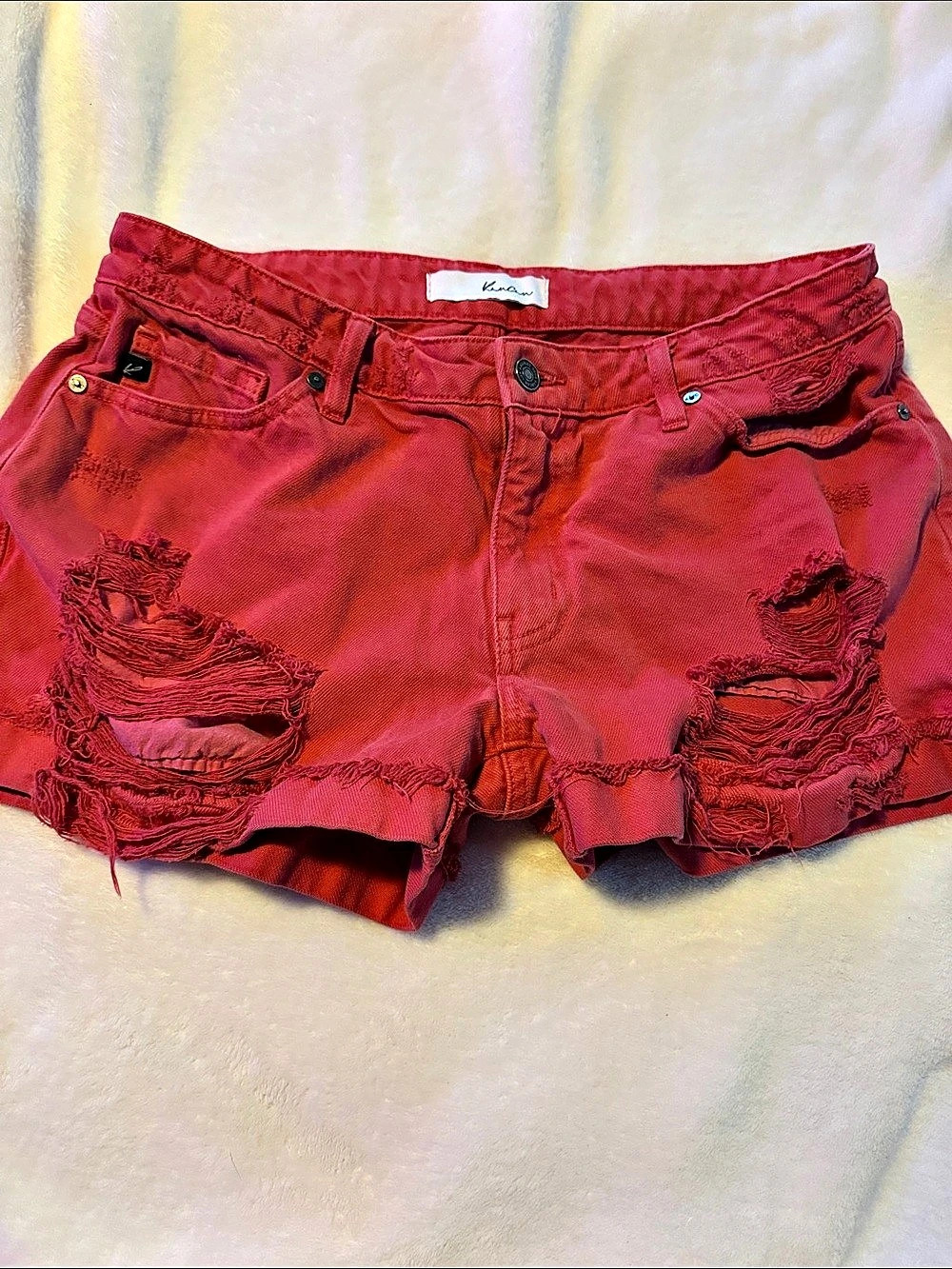 Kancan Distressed Jean Shorts in Red Waist 5